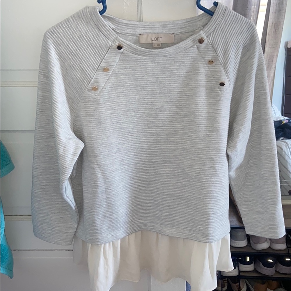 LOFT Light Gray Striped Top with Layered White Hem
